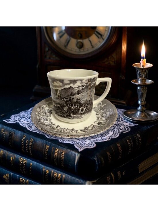 J&G Meakin Other - Antique J&G Meakin Stratford Stage Transferware Teacup & Saucer | Black Stafford